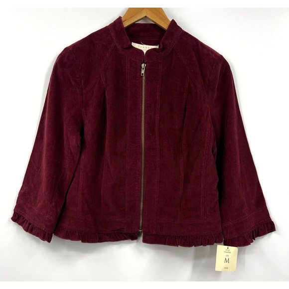 Sandro Womens Ruffle Corduroy Jacket Sz M Red Burgundy Zip Mock Neck Y2K - Picture 1 of 10